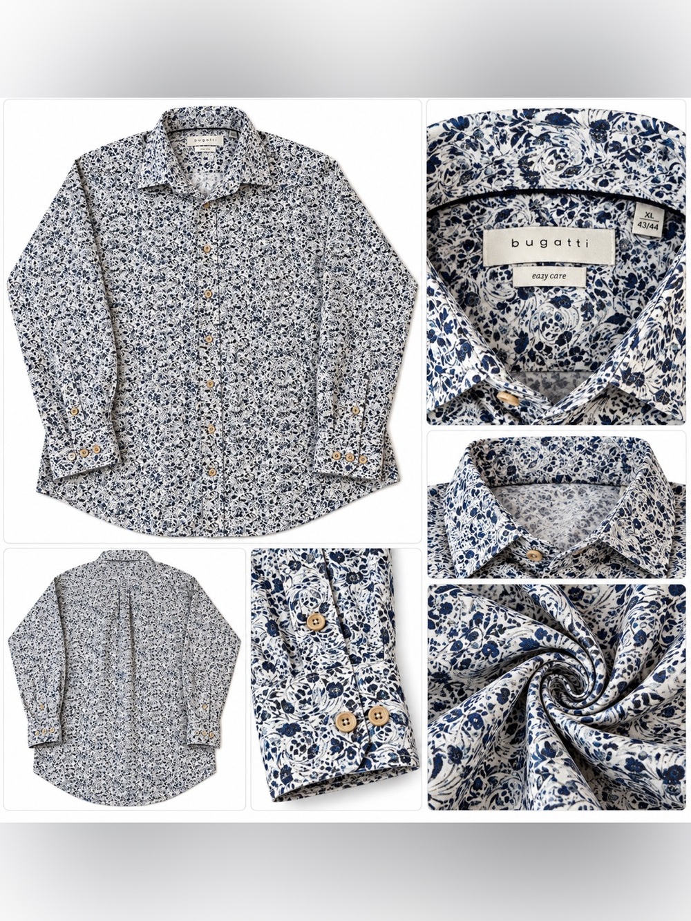 Bugatti White and Navy Floral Long-Sleeve Dress Shirt